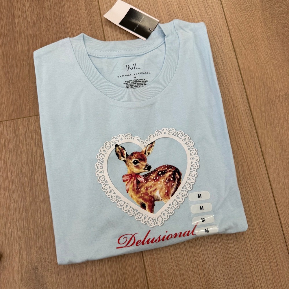 Isaac Morris IML Delusional Deer Heart Graphic Tee Light Blue NWT Medium